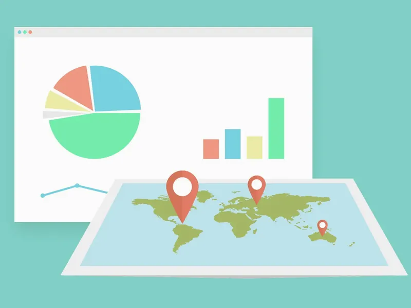 Flat illustration of a dashboard with pie chart, bar chart and line graph above a world map with three location pins, on a teal background