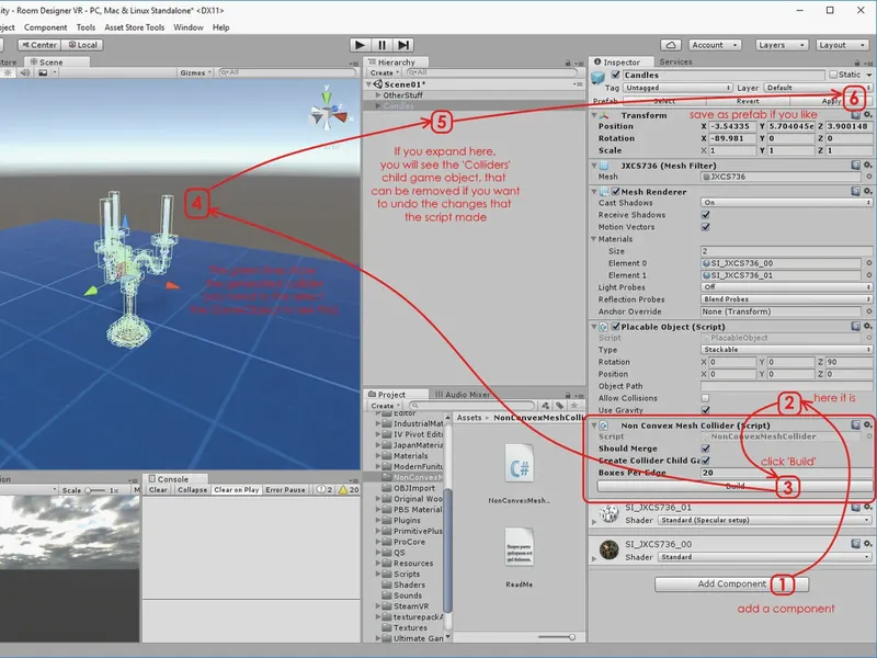 Unity editor screenshot with a candelabra mesh and its collider, and the Non Convex Mesh Collider component with numbered setup steps