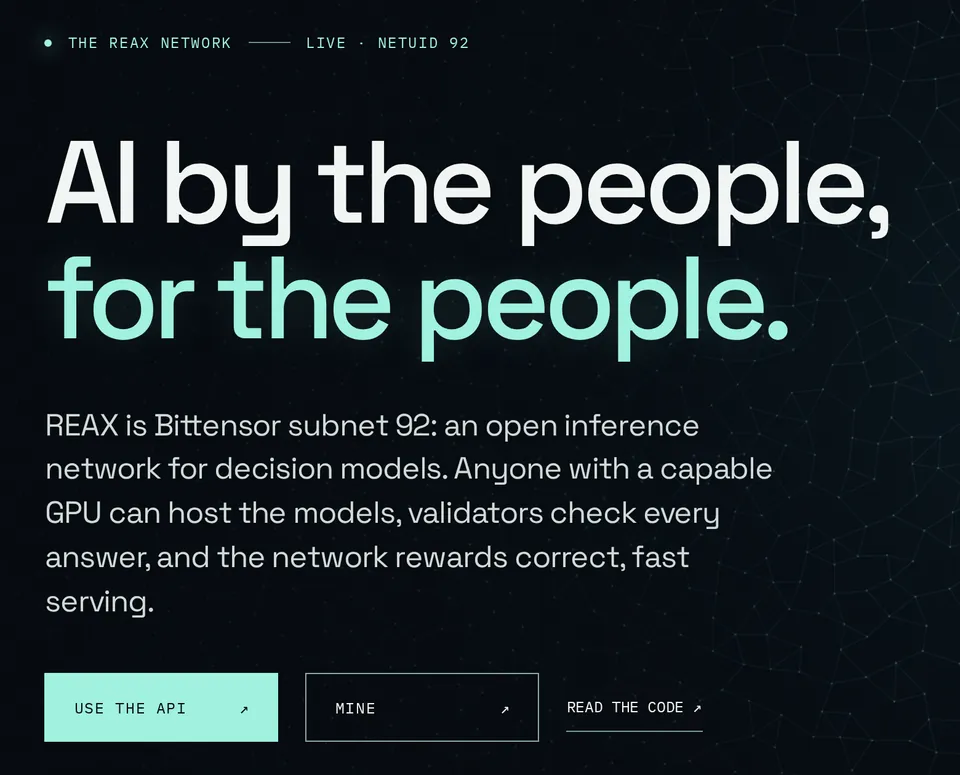 The reax.co home page: headline “AI by the people, for the people.” and the serve, verify, reward, improve loop.